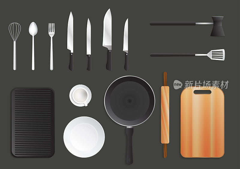 Realistic kitchen utensils set.